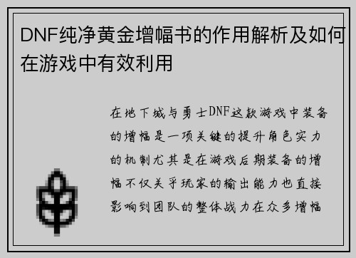 DNF纯净黄金增幅书的作用解析及如何在游戏中有效利用