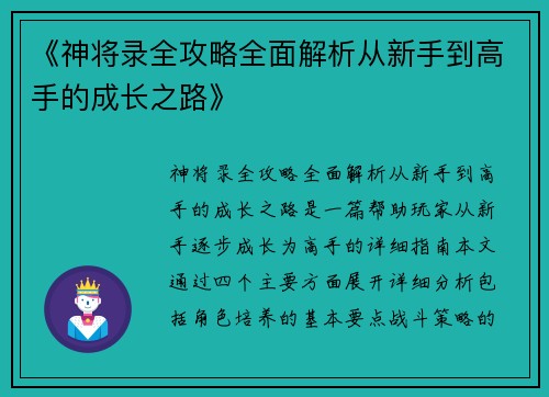 《神将录全攻略全面解析从新手到高手的成长之路》