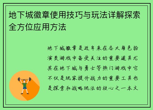 地下城徽章使用技巧与玩法详解探索全方位应用方法